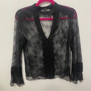 Y2K Sheer  Black Lace Women's Top Bell Sleeve ans Choker Detail Guess